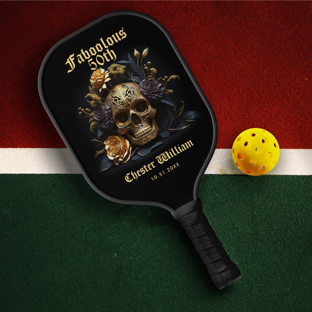 RAQUETTE DE PICKLEBALL 50E ANNIVERSAIRE OR JUTEAU ROSE HALLOWEEN (50TH BIRTHDAY GOLD SKULL ROSE HALLOWEEN Fifty Party PICKLEBALL PADDLE
)