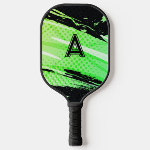 Raquette De Pickleball Abstrait personnalisé initial amusant vert et noir