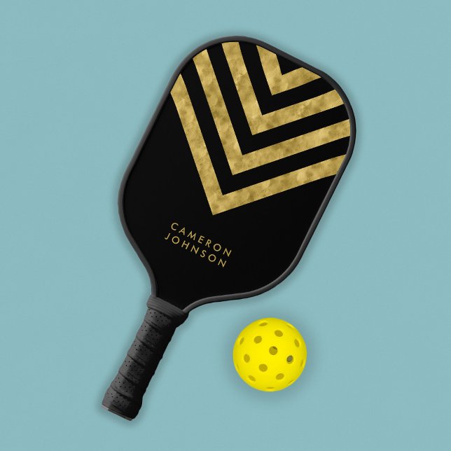 Raquette De Pickleball Add Name Black and Faux Gold Chevron (Créateur téléchargé)