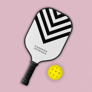 Raquette De Pickleball Ajouter un nom Chevron minimaliste blanc et noir