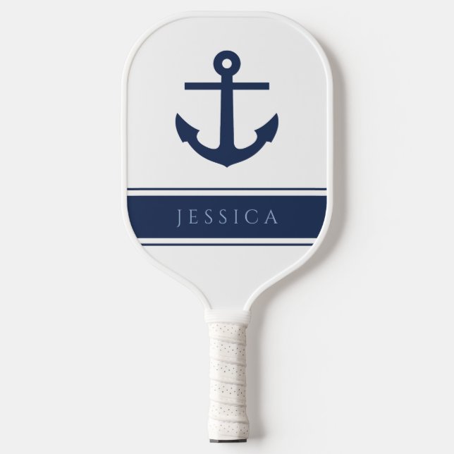 Raquette De Pickleball Ancre marine moderne bleu marine Nom personnalisé (Recto)