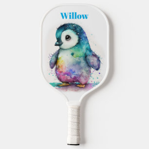 Raquette De Pickleball Aquarelle bébé pingouin Monogramme moderne Pickleb