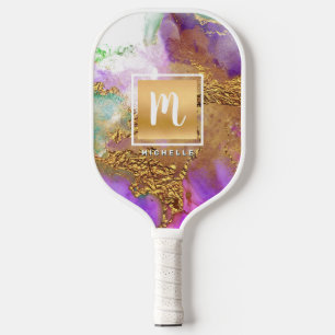 Raquette De Pickleball Aquarelle de marbre monogramme or huile violet ros