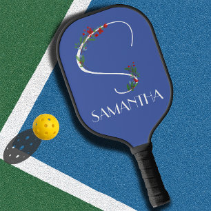 Raquette De Pickleball Aquarelle fleur sauvage monogramme blanc rouge ble