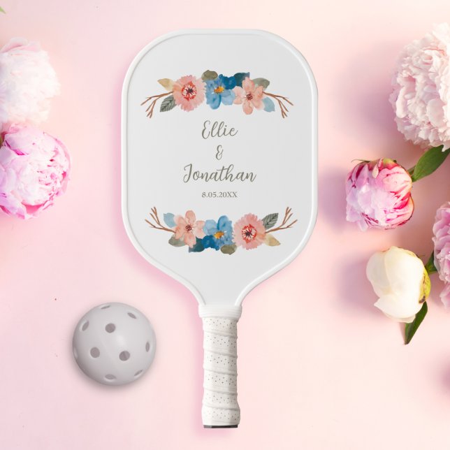 Raquette De Pickleball Aquarelle Floral Swag Mariage Couple texte personn (Créateur téléchargé)