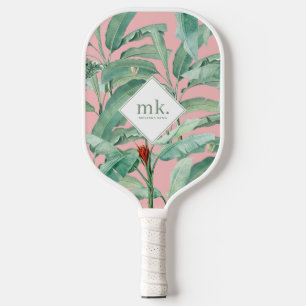 Raquette De Pickleball Aquarelle rose banane tropicale Feuilles Monogramm