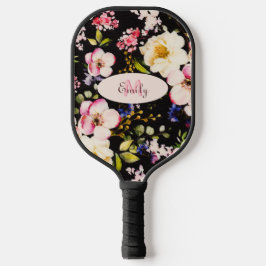 Raquette De Pickleball Aquarelle rose Roses jaunes sur noir, Monogramme