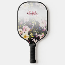Raquette De Pickleball Aquarelle rose Roses jaunes sur noir, Monogramme