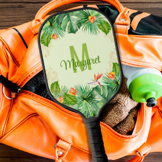 Raquette De Pickleball Aquarelle tropicale Folio Monogramme Nom du script