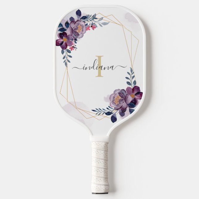 Raquette De Pickleball Aquarelle violette Floral Monogramme Nom du script (Recto)