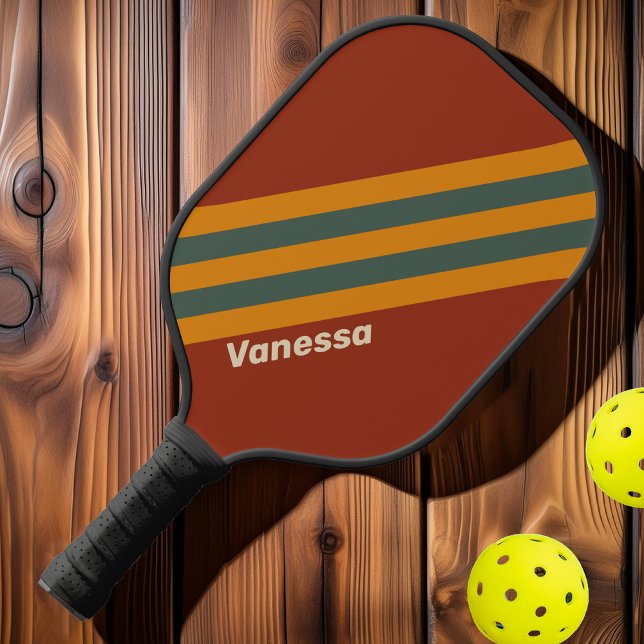 Raquette De Pickleball Bandes de rouille orange rétro avec nom (Créateur téléchargé)