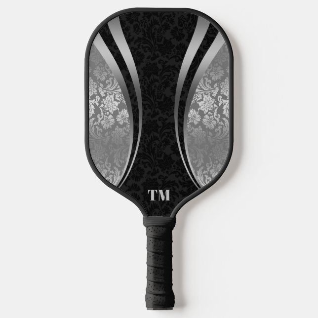 Raquette De Pickleball Bandes dynamiques en noir et argent Damas (Recto)