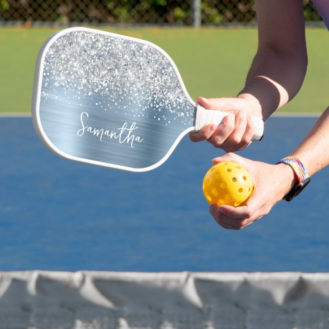 Raquette De Pickleball Bleu clair et brillant en argent Nom du script (Insitu)