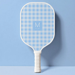 Raquette De Pickleball Bleu Gingham Monogrammé Pastel Élégant Établi
