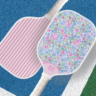 Raquette de pickleball bleue florale et rose rayée