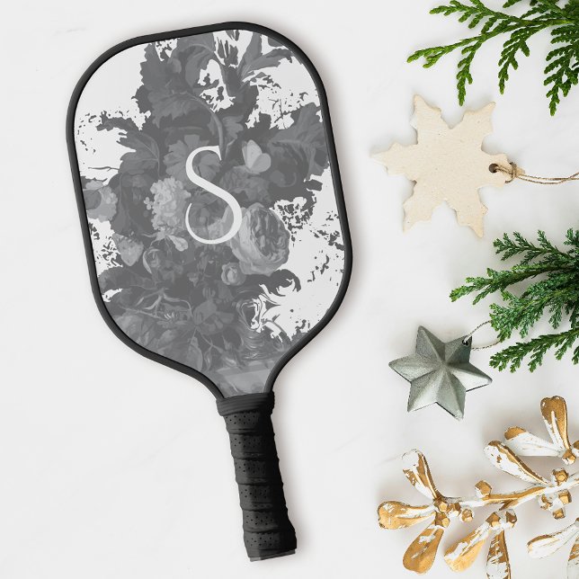 Raquette De Pickleball Cadeau floral noir et blanc (Créateur téléchargé)