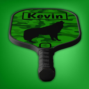 Raquette De Pickleball Camo vert moderne noir Wolf Silhouette Monogramme