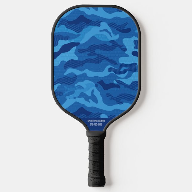 Raquette De Pickleball Camouflage Motif Camouflage bleu Nom du texte pers (Recto)