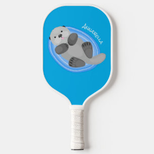 Raquette De Pickleball Caricature bleu loutre de mer joyeux