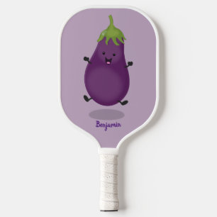 Raquette De Pickleball Caricature d'aubergine d'aubergine joliment heureu
