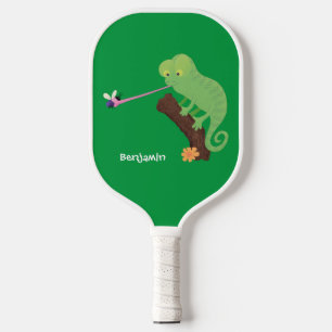 Raquette De Pickleball Caricature de lézard de caméléon vert joyeux
