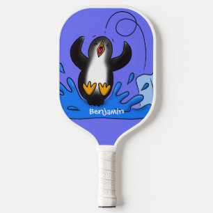 Raquette De Pickleball Caricature de manchot joyeux sautant