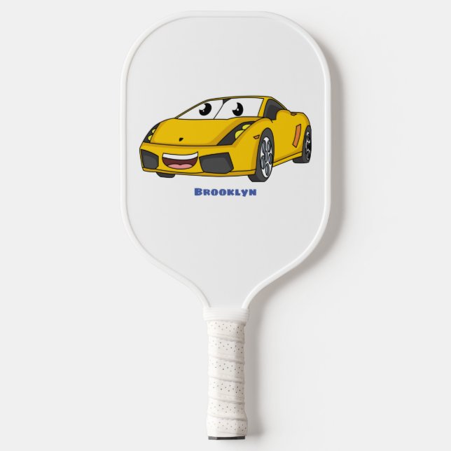 Raquette De Pickleball Caricature de voiture sport jaune joyeux (Recto)