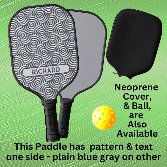Raquette De Pickleball Cercles 3D gris bleu géométrique, ajouter le nom M (Créateur téléchargé)
