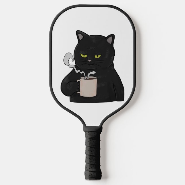 Raquette De Pickleball Chat noir grumeux avec Groupement de café matin (Recto)