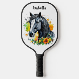 Raquette De Pickleball Cheval noir entouré de fleurs Personnalisé