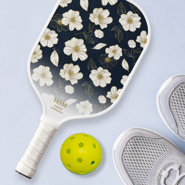 Raquette De Pickleball Chic Black Gold Blanc Floral Motif Texte Personnal (Créateur téléchargé)