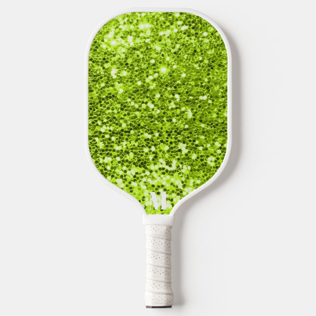 Raquette De Pickleball Chic Green White Glittery Étincelles Moderne Monog (Recto)
