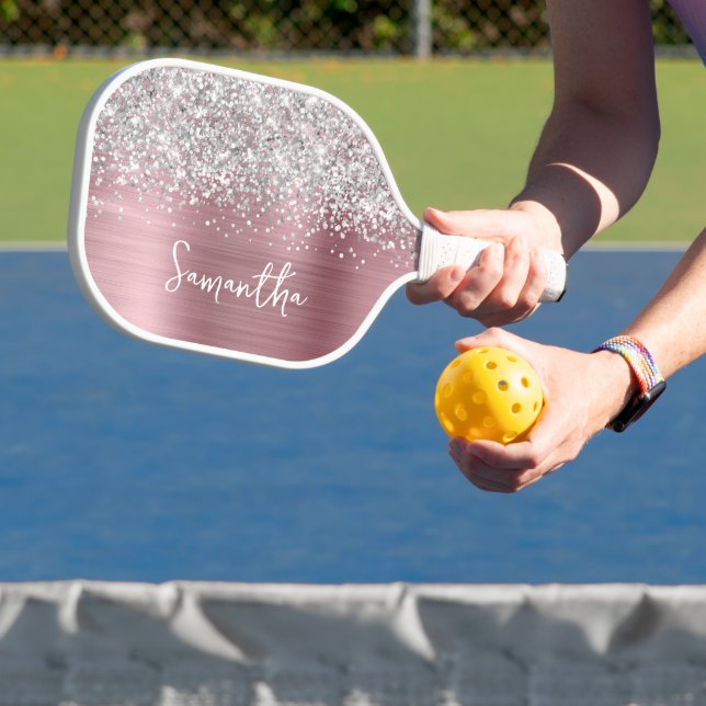 Raquette De Pickleball Clair rose et brillant Silver Glam Nom du script (Insitu)