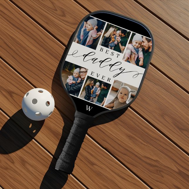 Raquette De Pickleball Collage photo de la Fête des pères de script Best  (Best Daddy Ever Script Father's Day Photo Collage Pickleball Paddle)