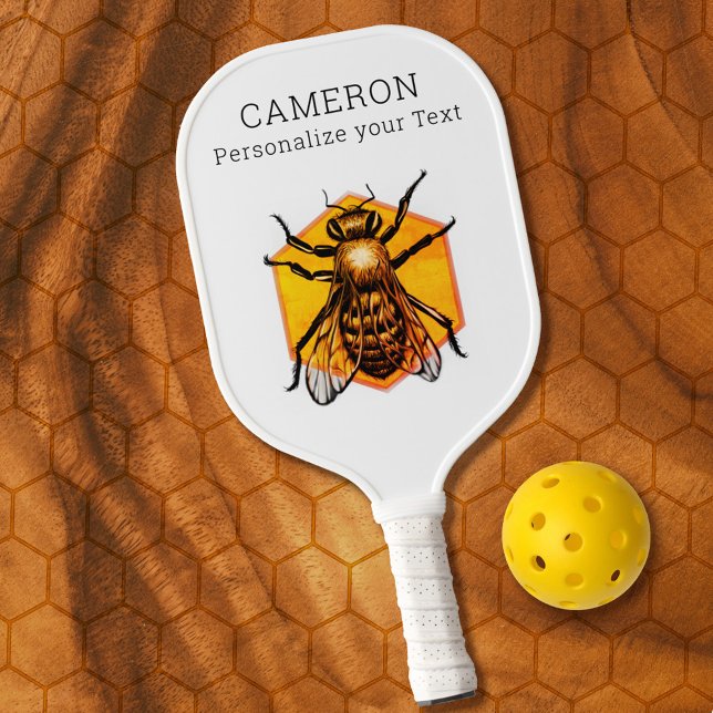 Raquette De Pickleball Cool Moderne Honey Bee Logo Blanc Texte Personnali (Créateur téléchargé)