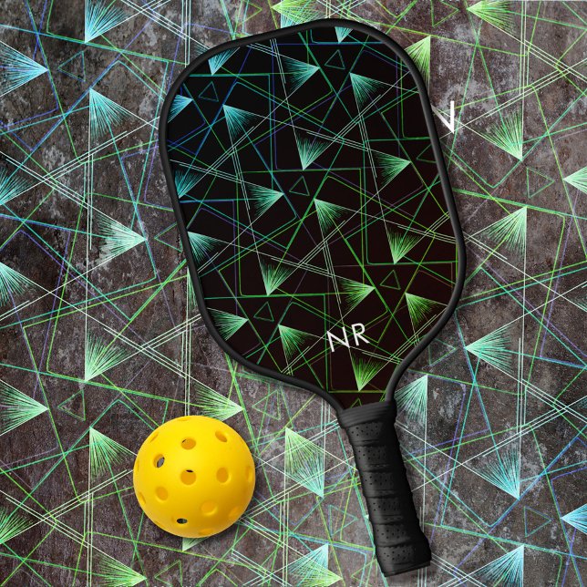 Raquette De Pickleball Cool moderne noir vert bleu Abstrait Monogrammé (Créateur téléchargé)