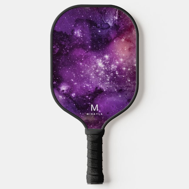 Raquette De Pickleball Cool Nebula Galaxy Monogramme Nom Violet (Recto)