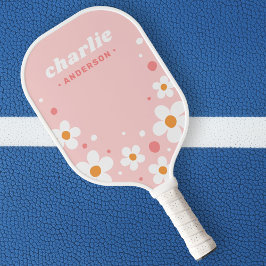 Raquette De Pickleball Cute fraise fleur nom de police rétro rose pâle