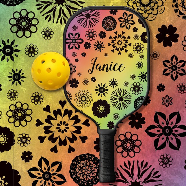 Raquette De Pickleball Cute Girly Floral Cool Rainbow Nom personnalisable (Créateur téléchargé)