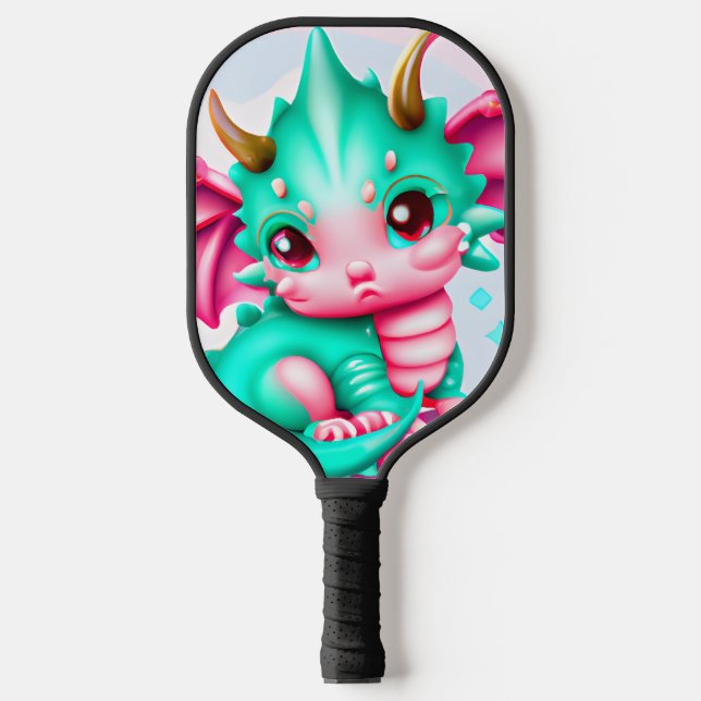 Raquette De Pickleball Cute Kawaii Dragon de bébé Turquoise et rose (Recto)