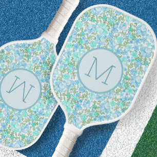 Raquette De Pickleball Dames Monogramme Personnalisé Bleu Canard Floral