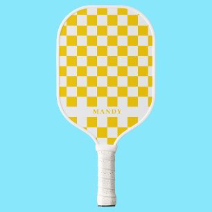 Raquette De Pickleball Damier jaune ensoleillé Pop Rétro Nom personnalisé