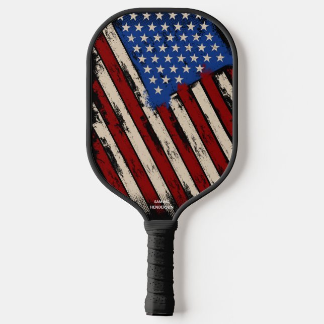 Raquette De Pickleball Drapeau américain Abstrait, Nom de texte personnal (Verso)