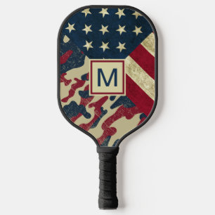 Raquette De Pickleball Drapeau patriotique rustique américain Camo Monogr