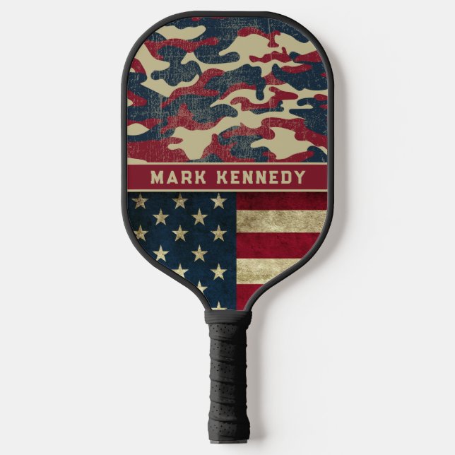 Raquette De Pickleball Drapeau patriotique rustique américain Nom du Moti (Recto)