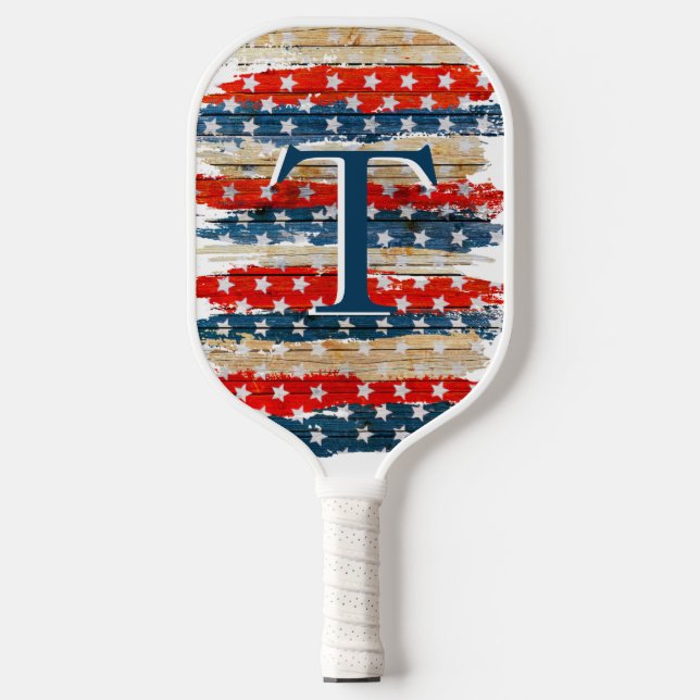 Raquette De Pickleball Drapeau rustique américain Monogramme Pickleball P (Recto)