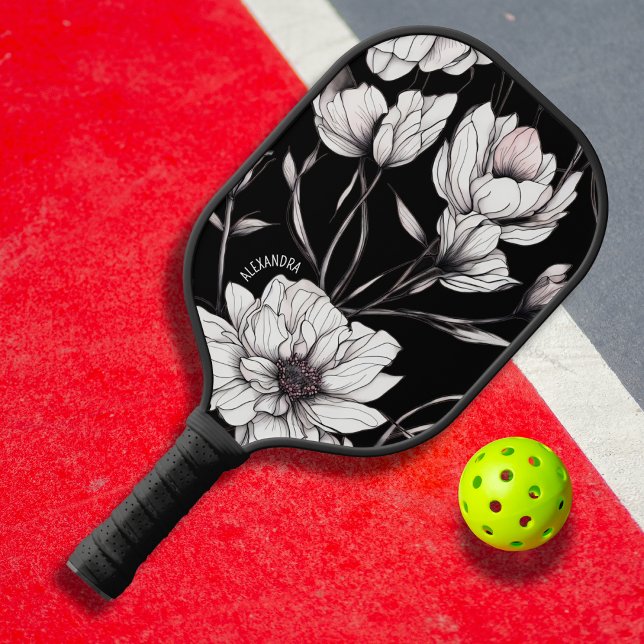 Raquette De Pickleball Elegant Anemone Floral Custom Name Black (Créateur téléchargé)