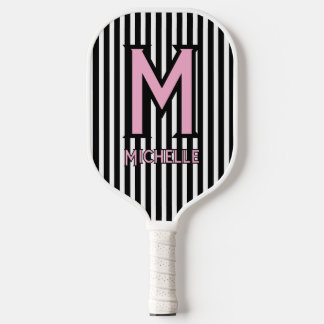 Raquette De Pickleball Elegant Black& White Stripes Pink Script Monogram