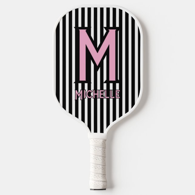 Raquette De Pickleball Elegant Black& White Stripes Pink Script Monogram (Recto)