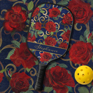 Raquette De Pickleball Elégant Classy Damask Vintage Rouge Rose Marine Bl